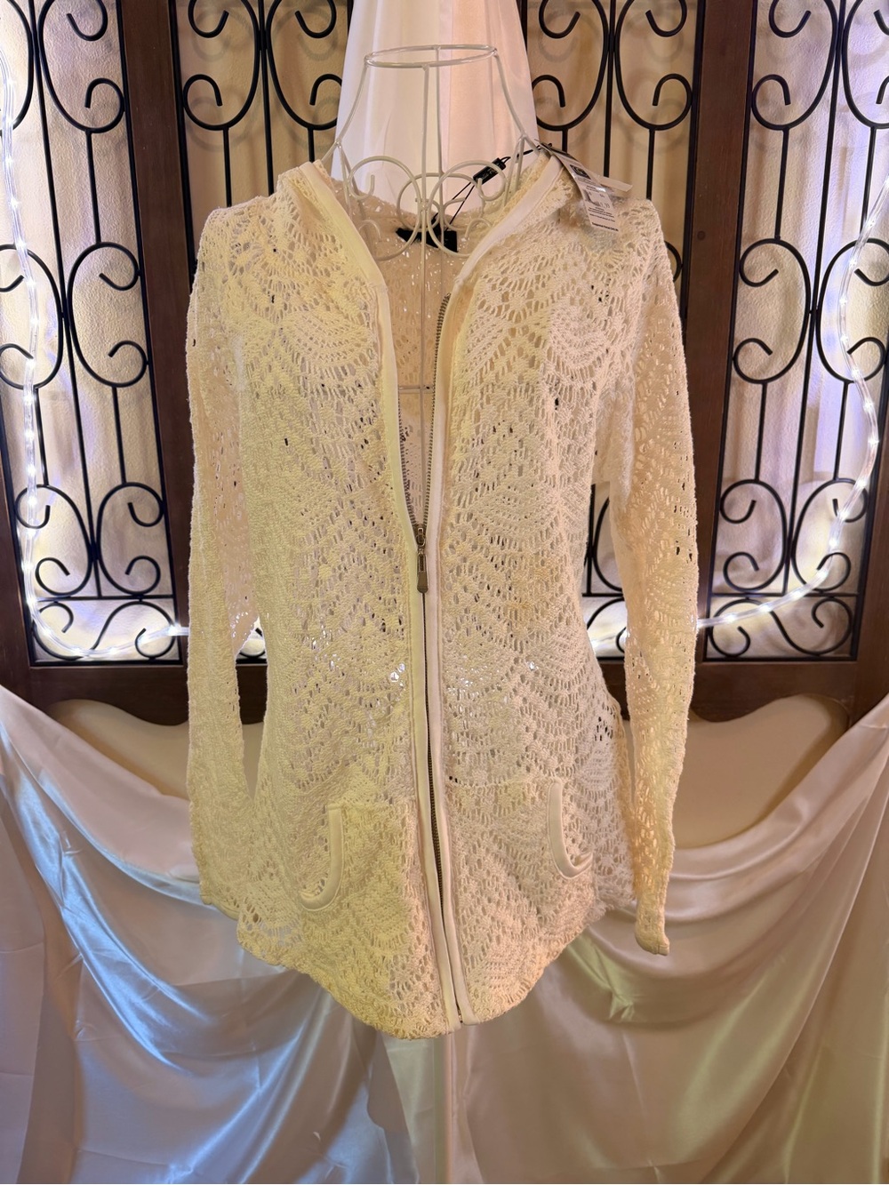 Charlie Paige Cream Open-Knit Zip Cardigan